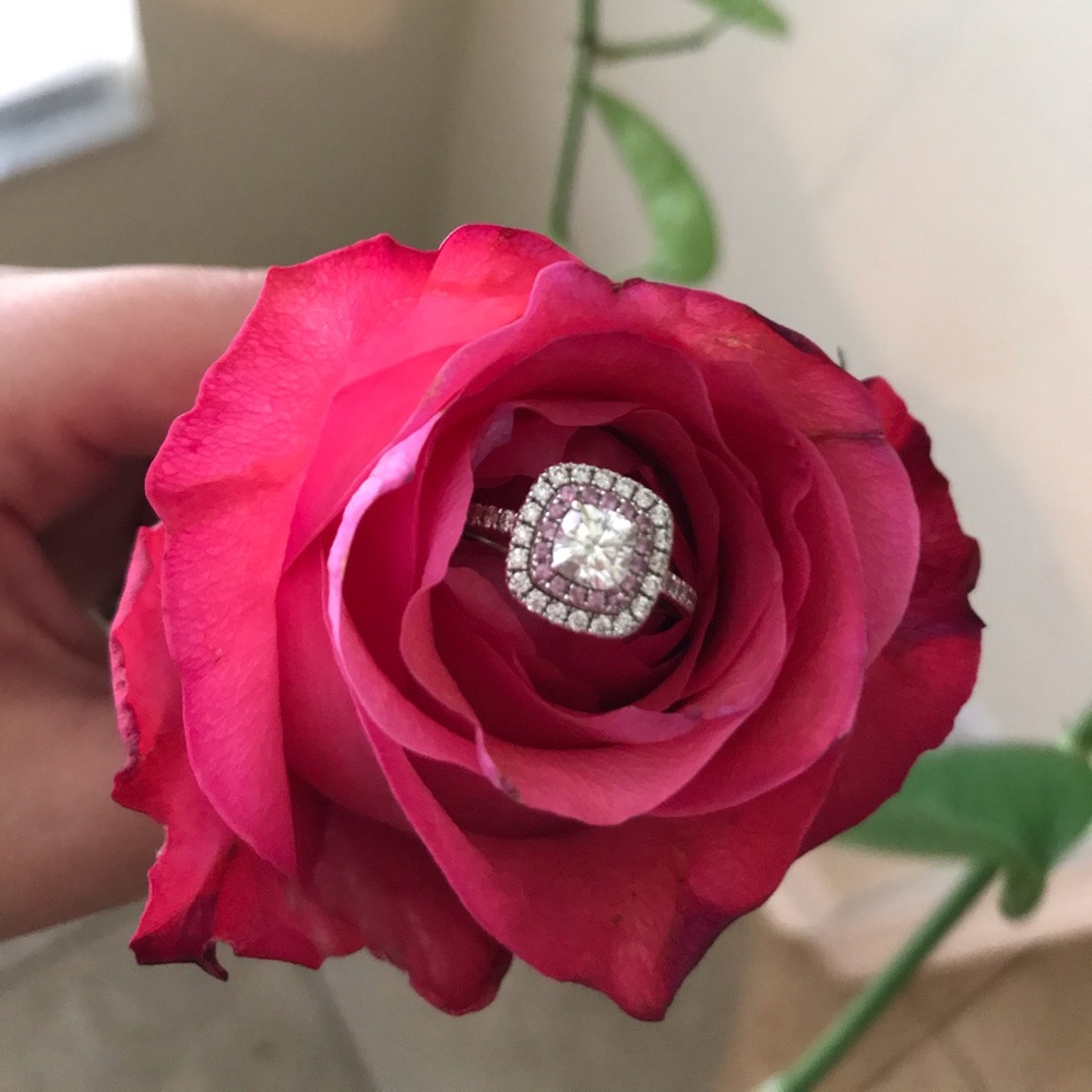 Moissanite and pink sapphire engagement ring